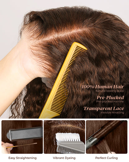 Arabella 6x5 invisible knots Glueless Chocolate Brown Jerry Curly Bob Wig Pre-cut Lace Beginner Friendly