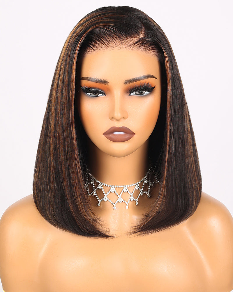 Arabella 6x5/6x6/13x4 Lace Glueless Auburn Highlights on Black Hair Straight Bob Wig Pre-cut Lace Beginner Friendly