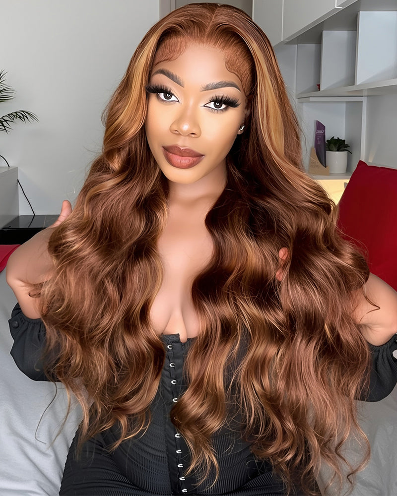 Arabella 6x5 invisible knots Glueless Honey Blonde Highlights On Brown Wig Body Wave Wig Pre-cut Lace Beginner Friendly
