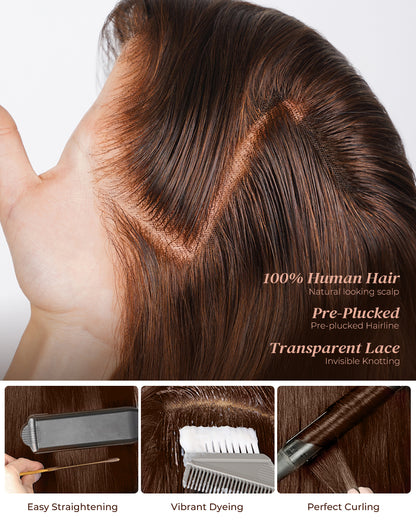Arabella 6x5 invisible knots Glueless Chocolate Brown Natural Loose Deep Wave Wig Pre-cut Lace Beginner Friendly