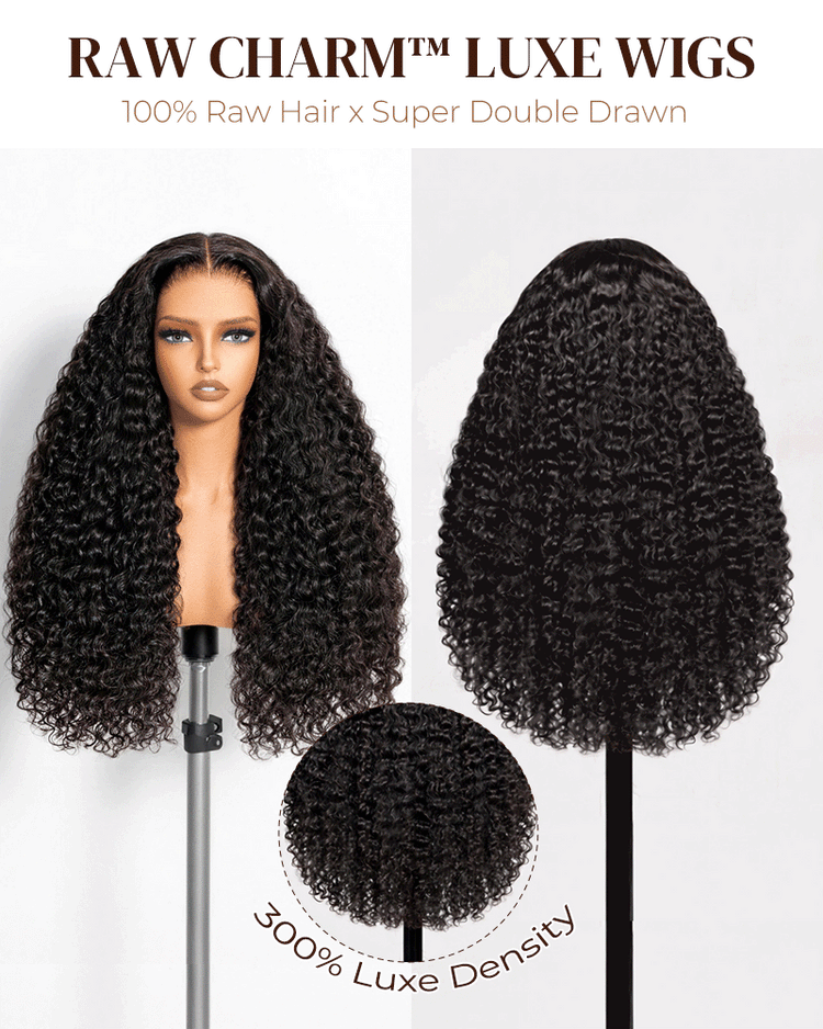 Arabella 13x6 Raw Charm Luxe™ Wigs Invisible HD Lace Glueless Wig 300% High Density Super Double Drawn Water Wave Natural Black 100% Raw Human Hair