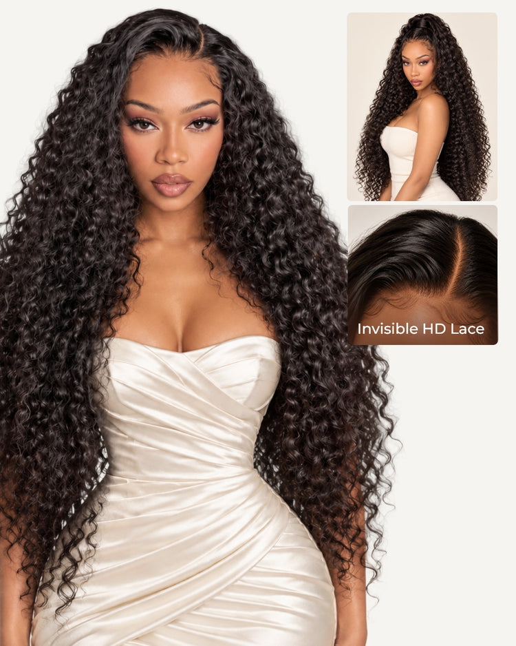 Arabella 13x6 Raw Charm Luxe™ Wigs Invisible HD Lace Glueless Wig 300% High Density Super Double Drawn Water Wave Natural Black 100% Raw Human Hair