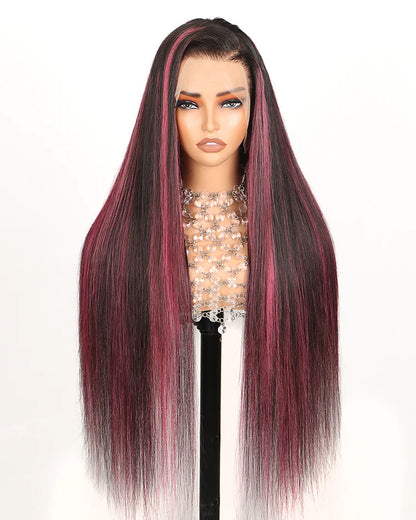 24 Inches 4x4 Lace Closure Straight Purple Highlight Wig - Glueless Human Hair Wig