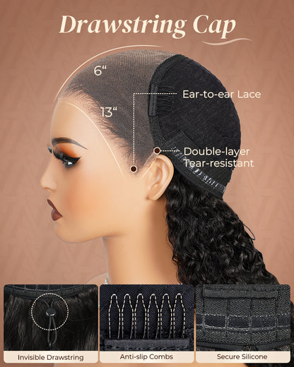 Arabella 13x6 Three-Go™ Glueless Wig Water Wave With Drawstring Natural Black 100% Human Hair Wig