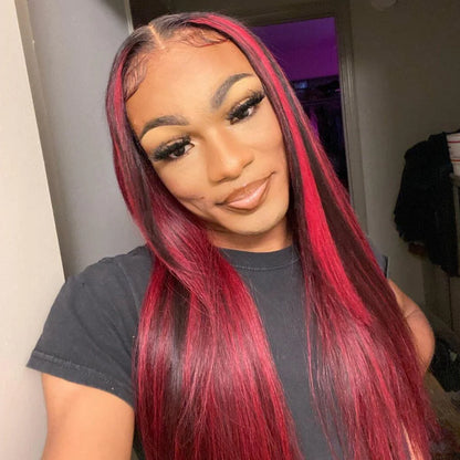 13x4 Lace Dark Burgundy With Rose Red Highlights Body Wave/Straight Hair Lace Free Part Color Wigs