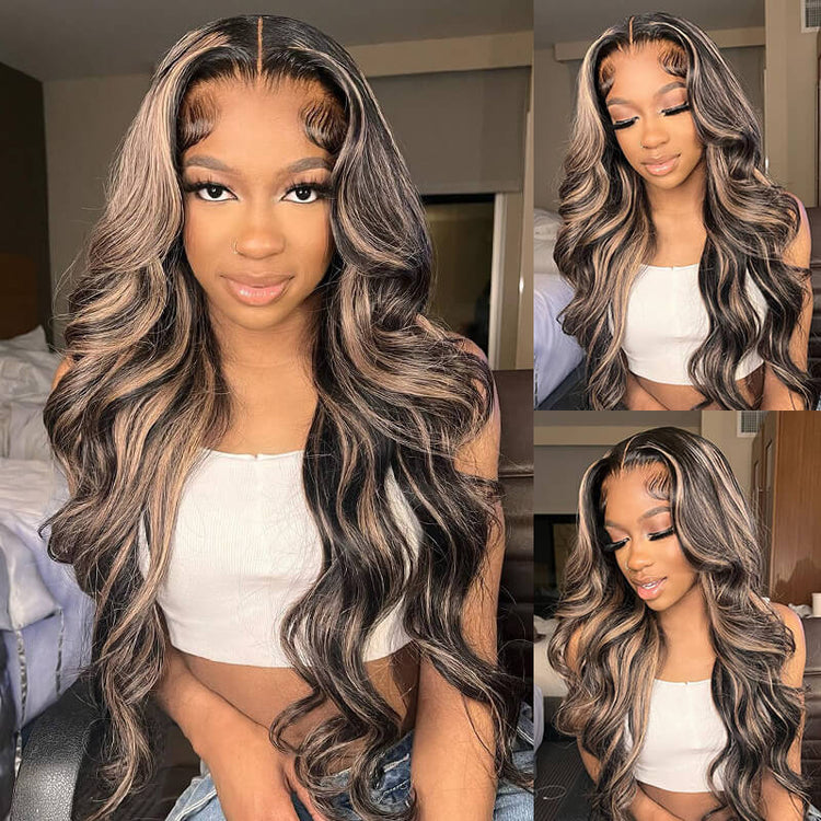 13x4 Glueless Lace Front Balayage Highlights Colored Body Wave Human Hair Wigs