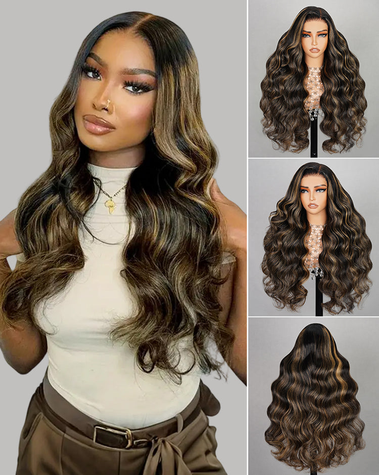 Balayage highlights body wave human hair wig showcase from different angles