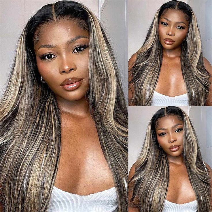 34" 13x4 Glueless Lace Straight Balayage Highlight Colored Lace Front Bleach Knots Human Hair Wig