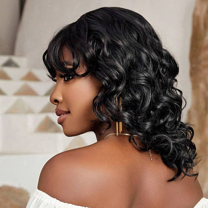 Minimalist Short Bob: Loose Wavy Wig with Bangs - Glueless, Non-Lace, Machine Made