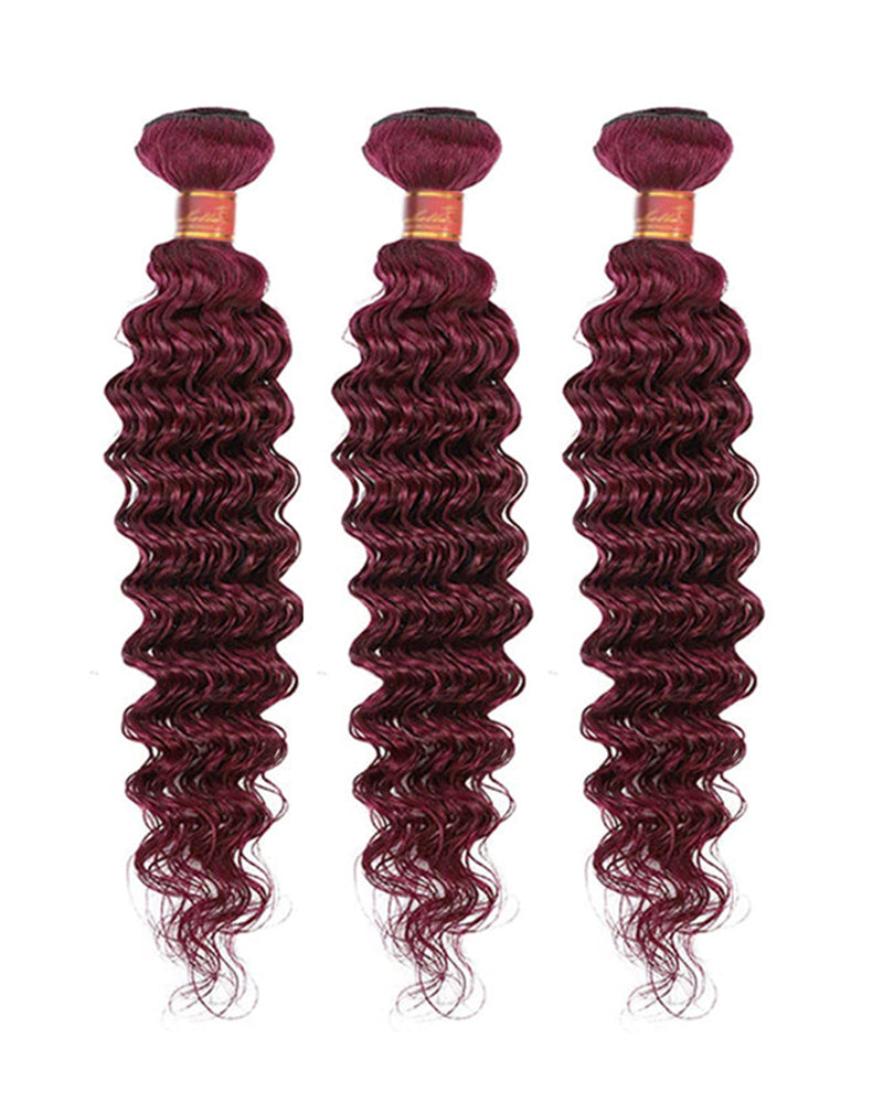 {12A 3Pcs} Burgundy 99J Red Color Deep Wave Curly 3 Bundles/Pack Human Virgin Hair Extensions