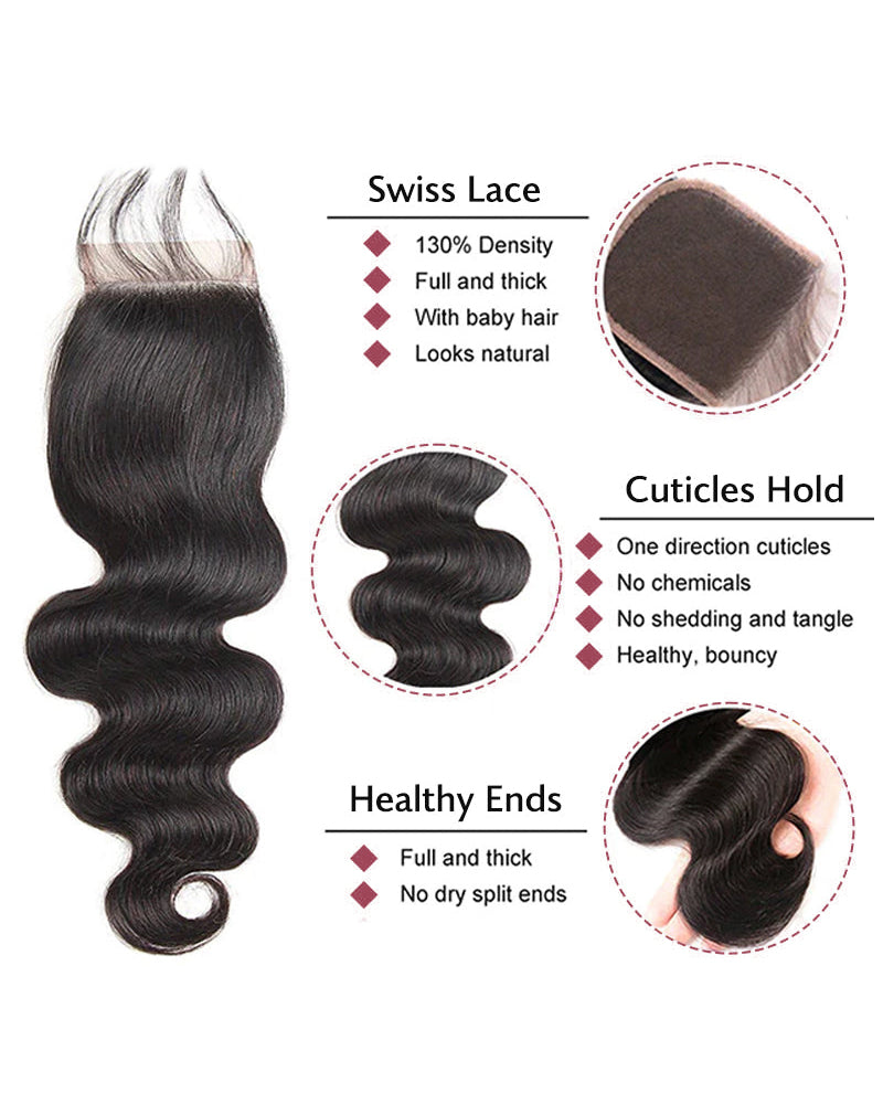 {12A 3Pcs+Closure} Body Wave 3 Bundles Hair With 4x4 Lace Closure 12A Human Hair Unprocessed Virgin Hair Weave