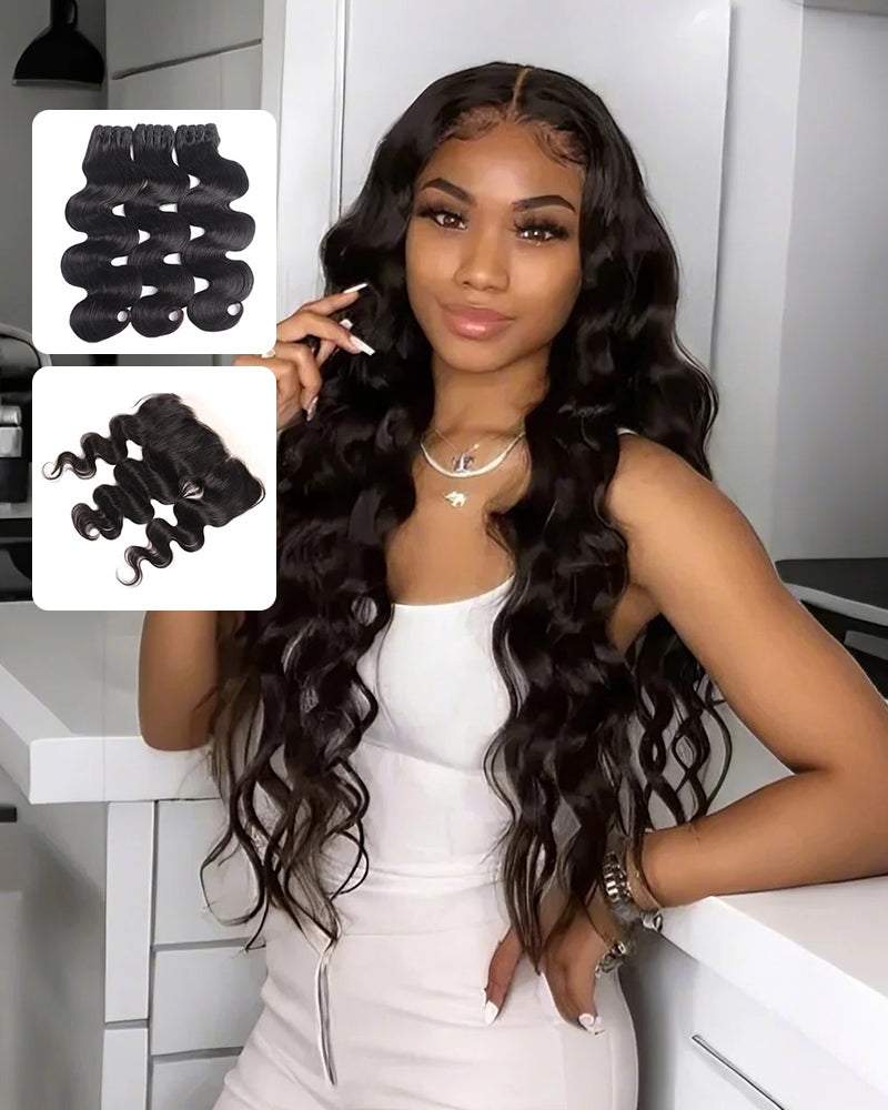 {15A 3Pcs+Frontal} Body Wave Double Drawn Raw Virgin Human Hair Weaves 3 Bundles With Frontal Closure