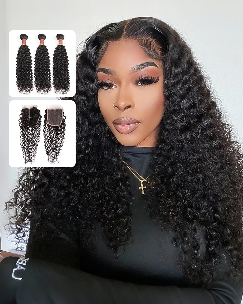 {12A 3Pcs+Closure} Brazilian Jerry Curly 3 Bundles Hair Weft With 4x4 Lace Closure