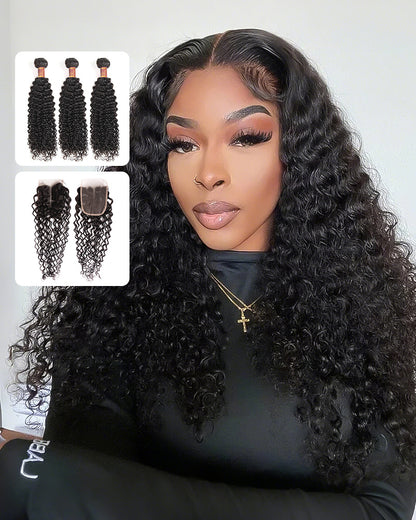 {12A 3Pcs+Closure} Brazilian Jerry Curly 3 Bundles Hair Weft With 4x4 Lace Closure