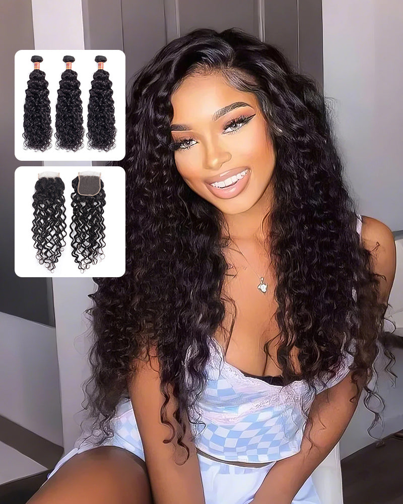 {12A 3Pcs+Closure} Brazilian Water Wave 3 Bundles Hair Weft With 4x4 Lace Closure