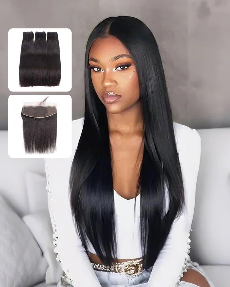 {15A 3Pcs+Frontal} Double Drawn Raw Virgin Human Hair Weaves Straight Hair 3 Bundles With Frontal Closure