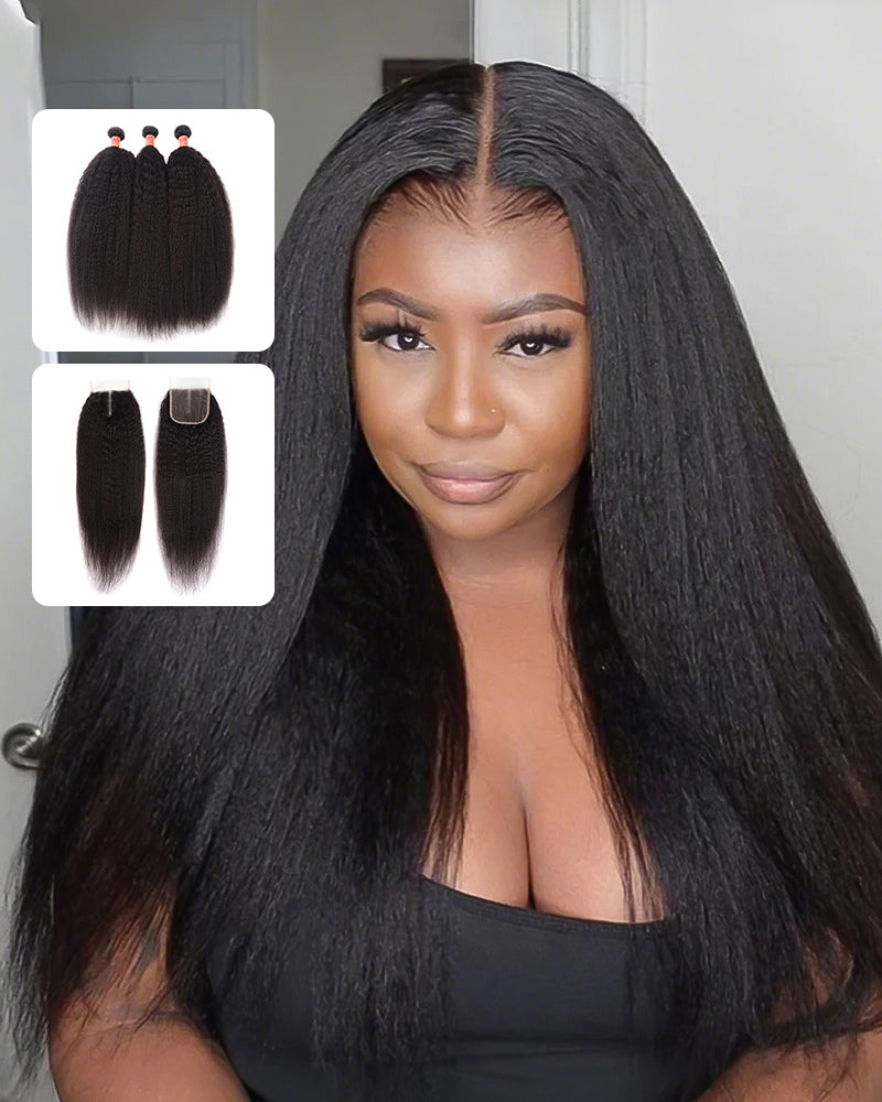 {12A 3Pcs+Closure} Brazilian Yaki Hair Weft 3 Bundles With 4x4 Lace Closure Unprocessed Virgin Hair Weave