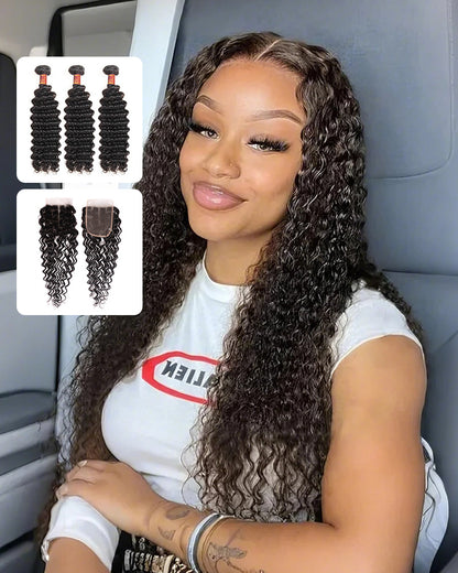 {12A 3Pcs+Closure} Deep Wave 3 Bundles Hair With 4x4 Lace Closure Human Hair