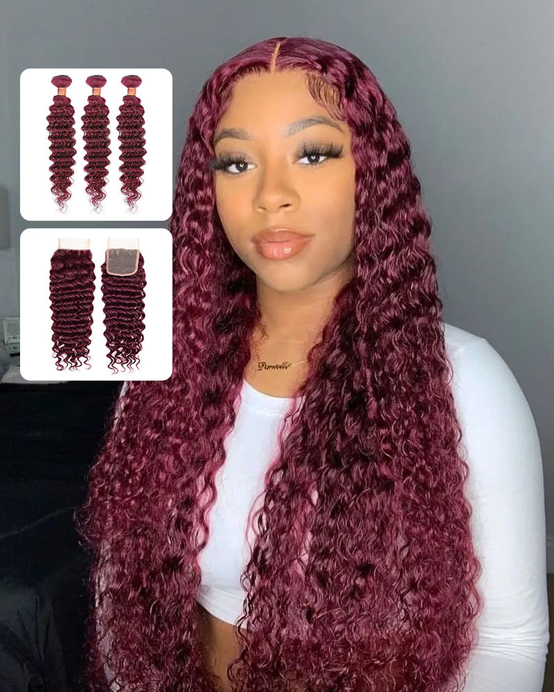 {12A 3Pcs+Closure} Deep Wave 99J Burgundy Red Color Curly 3 Bundles With 4x4 Lace Closure