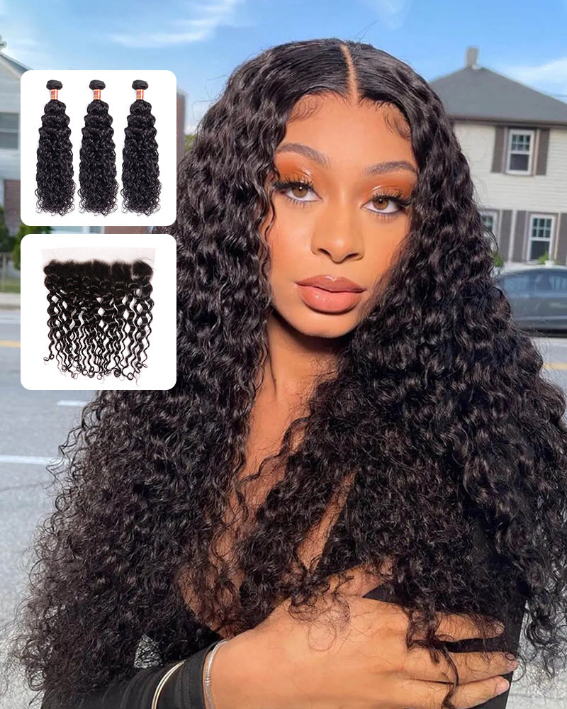 {12A 3Pcs+Frontal} Brazilian Water Wave 3 Bundles Hair Weft With Frontal Closure Unprocessed Virgin Hair Weave