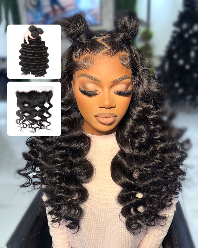 {12A 3Pcs+Frontal} Loose Wave 3 Bundles Hair With Lace Frontal Closure Human Virgin Hair Extensions