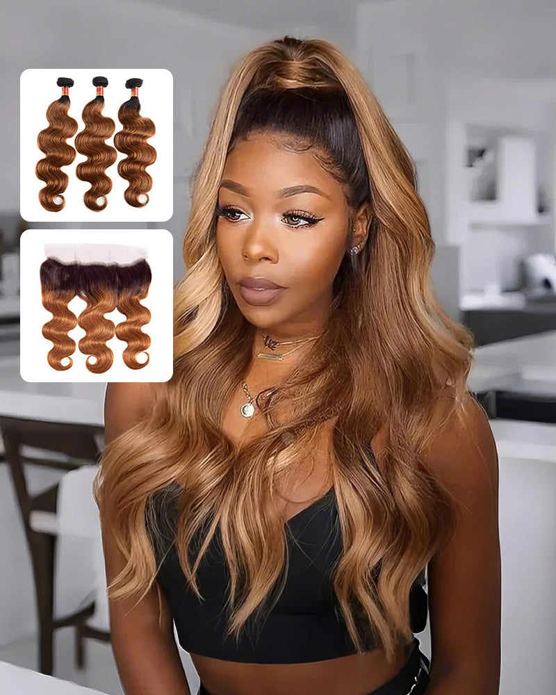 {12A 3Pcs+Frontal} T1B/30 3 Bundles Body Wave Human Hair Weaves With 13x4 Lace Frontal Closure