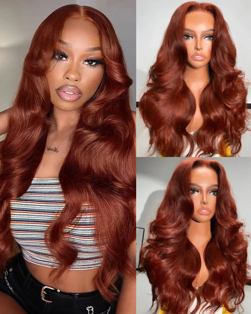 Arabella 13x4/6x5 Lace Glueless Reddish Brown Body Wave Wig Invisible Knots Realistic Hairline