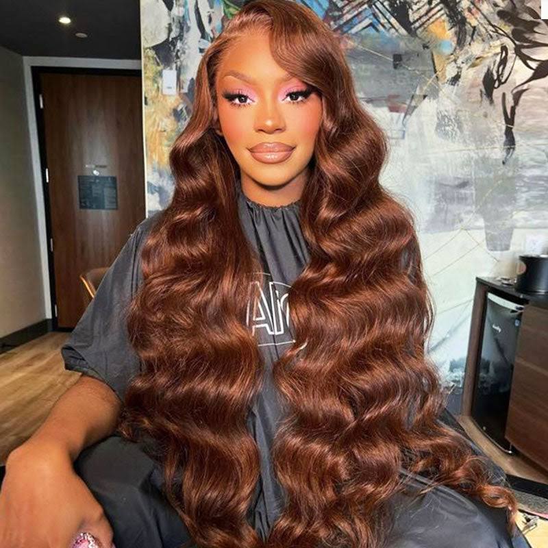 Arabella 13x4 Frontal Lace &amp; 6x5 Invisible Knots Glueless Chocolate Brown Body Wave/Silky Straight Wig Invisible Knots Realistic Hairline