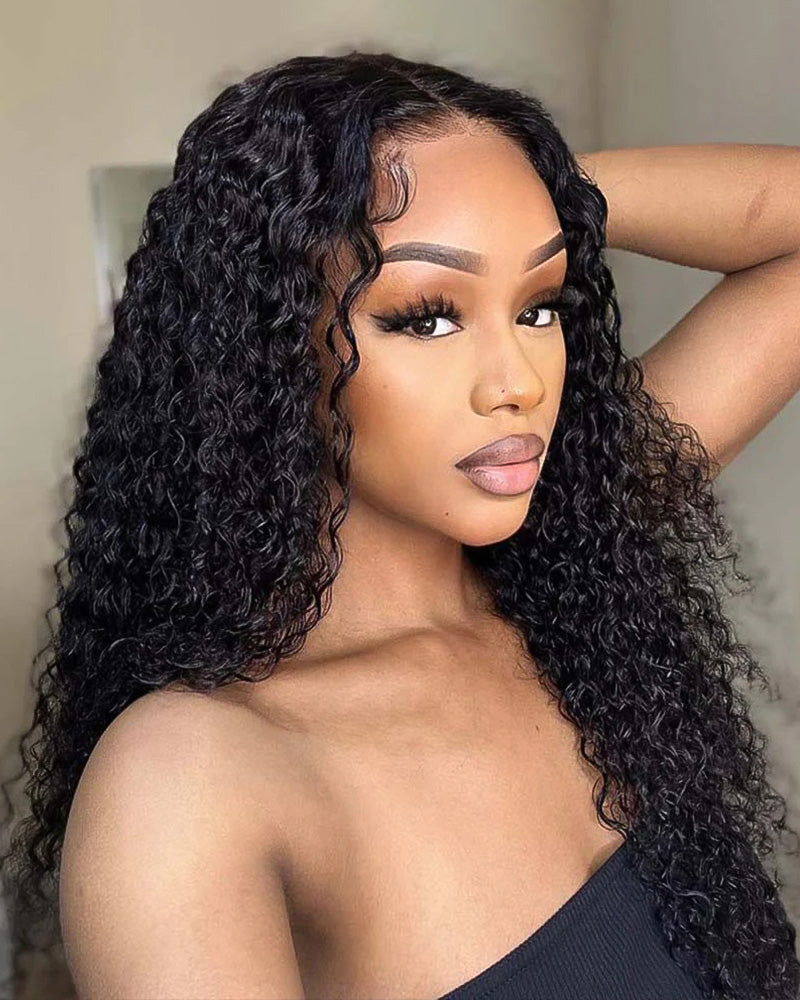 Glueless Jerry Curly Wave 4x4 Lace Closure Natural Black Human Hair Wig