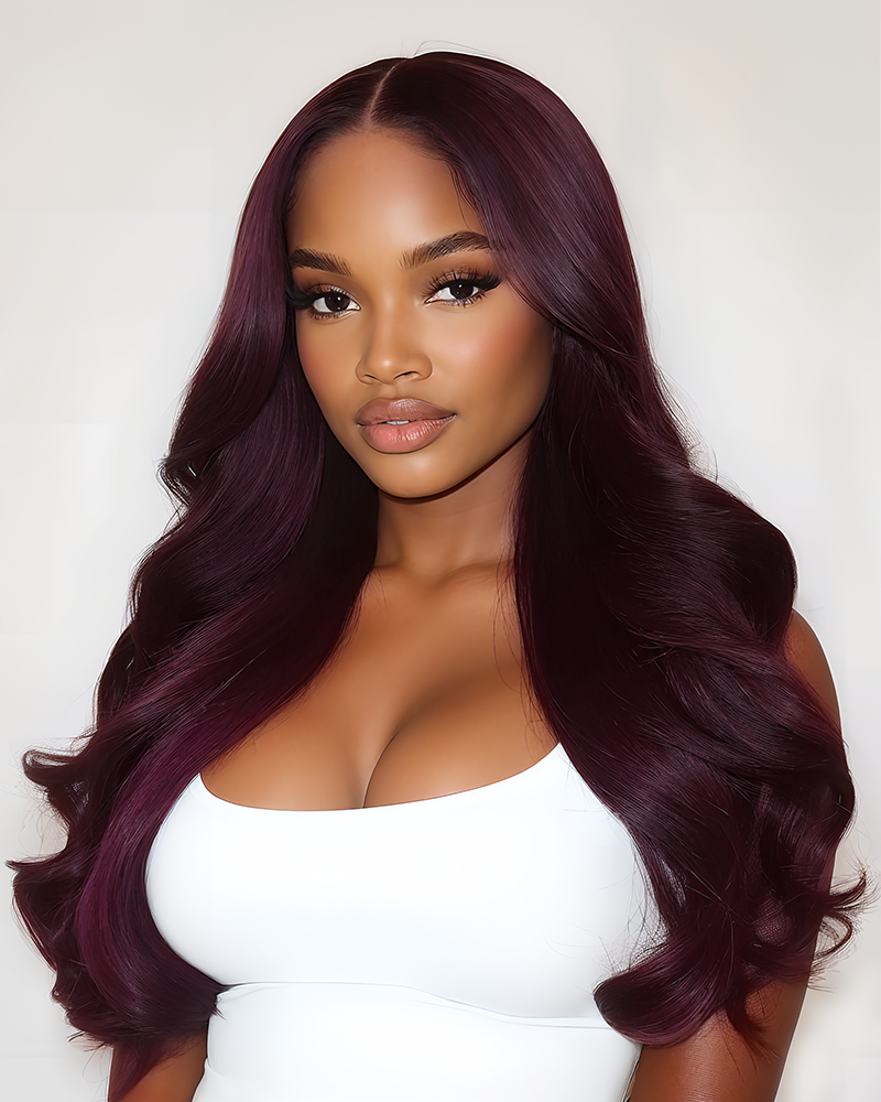 Arabella 13x6/6x5 Glueless Wig Dark Plum Body Wave Wig Invisible Knots Realistic Hairline
