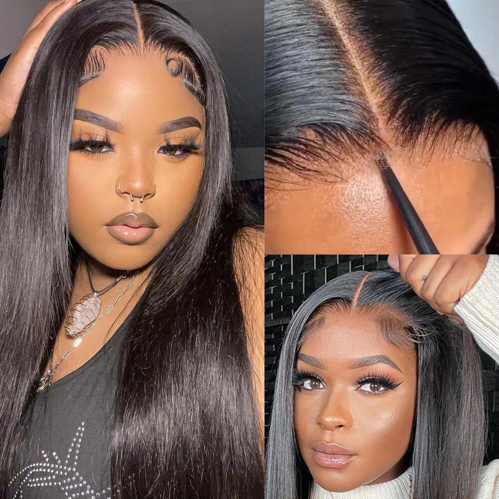 18" 13x4 Lace Front Free Part Straight Glueless Natural Black Human Hair Wig