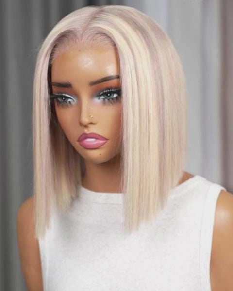 Arabella 6x5 Invisible Knots Glueless Blonde Highlight Straight Bob Wig Pre-cut Lace Beginner Friendly