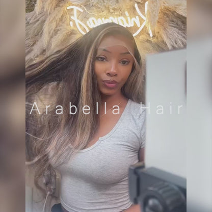 34" 13x4 Glueless Lace Straight Balayage Highlight Colored Lace Front Bleach Knots Human Hair Wig