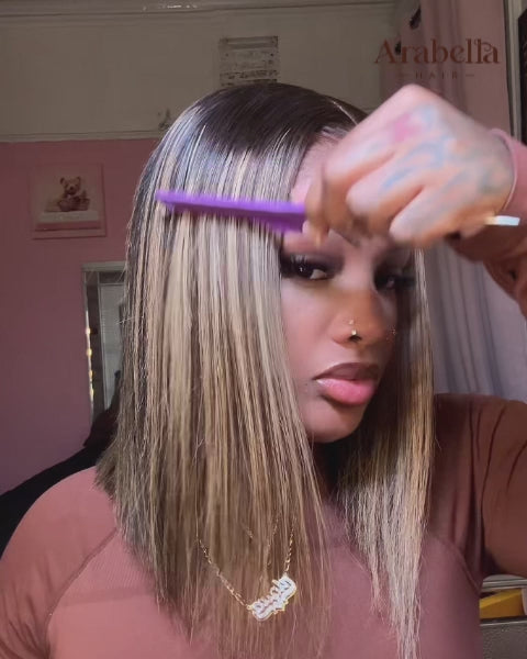 【BOGO】Arabella 13x6 Three-Go™ 280% High Density Ombre Platinum Blonde Balayage Highlights Old Money Bob Glueless Wig Straight Bob Wig  With Drawstring