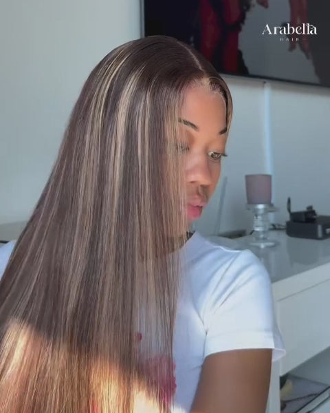 Arabella 13x6 Three-Go™ Glueless Wig Silky Straight With Drawstring Honey Blonde Highlight on Brown Wig 100% Human Hair Wig