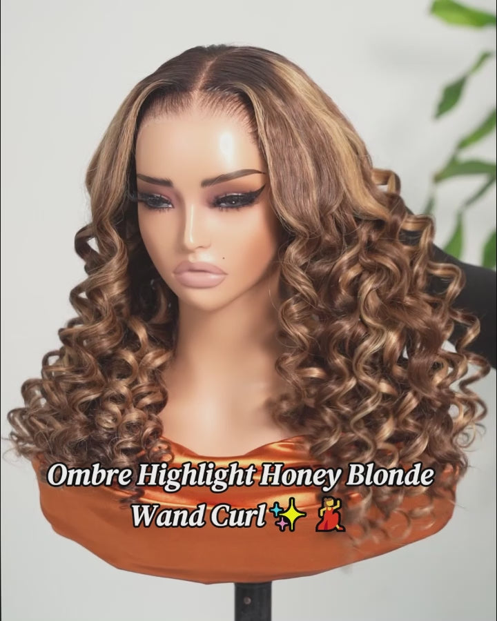 Arabella 13x6 Three-Go™ Ombre Highlight Honey Blonde Glueless Wig Wand Curl With Drawstring 100% Human Hair Wig