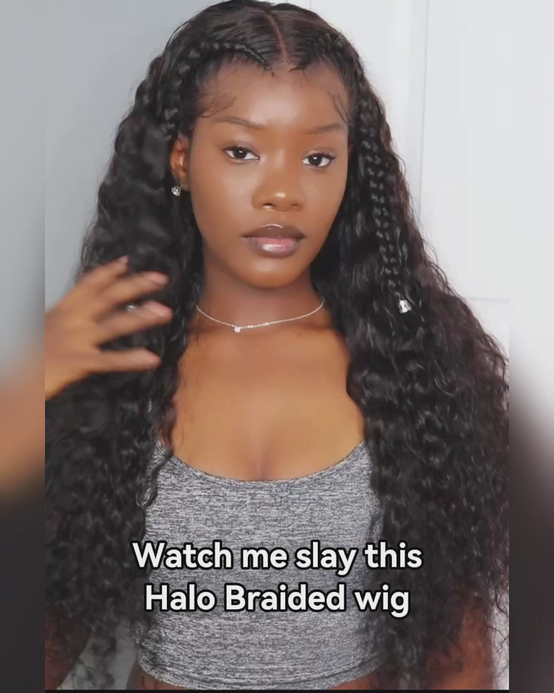 Halo Braided Water Wave 13x4 Lace Front Pre-Plucked Pre-Braid Style Natural Black Human Hair Wig