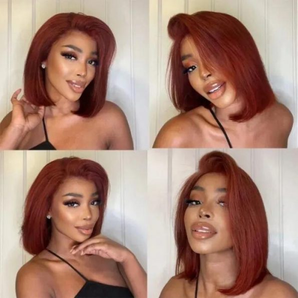 Minimalist Short Bob: Reddish Brown 6x5 Pre-Cut Lace Glueless Straight Human Hair Wig with Highlights