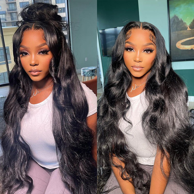 40&quot; Extra Long Length Hair 13x4 Lace Front Wig - Natural Black Straight Hair and Body Wave Human Hair Wigs