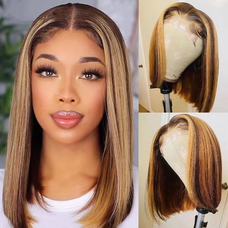 4*4 Lace Wigs Straight Hair Honey Blonde Piano Highlights Color Bob Human Hair Wig 180% Density - arabellahair.com