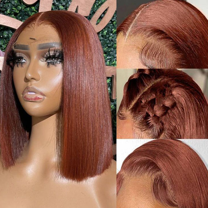 33 Reddish Brown Auburn 13x4 Glueless Lace Straight Short Bob Human Hair Wigs