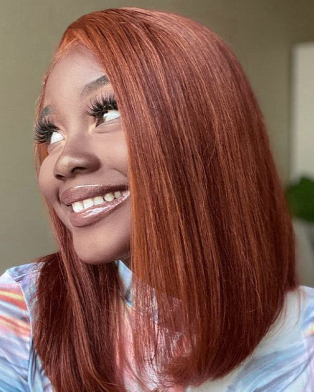 【Bogo Sale】Reddish Brown Auburn Color Straight Short Bob 6x5 Lace Front Human Hair Wigs