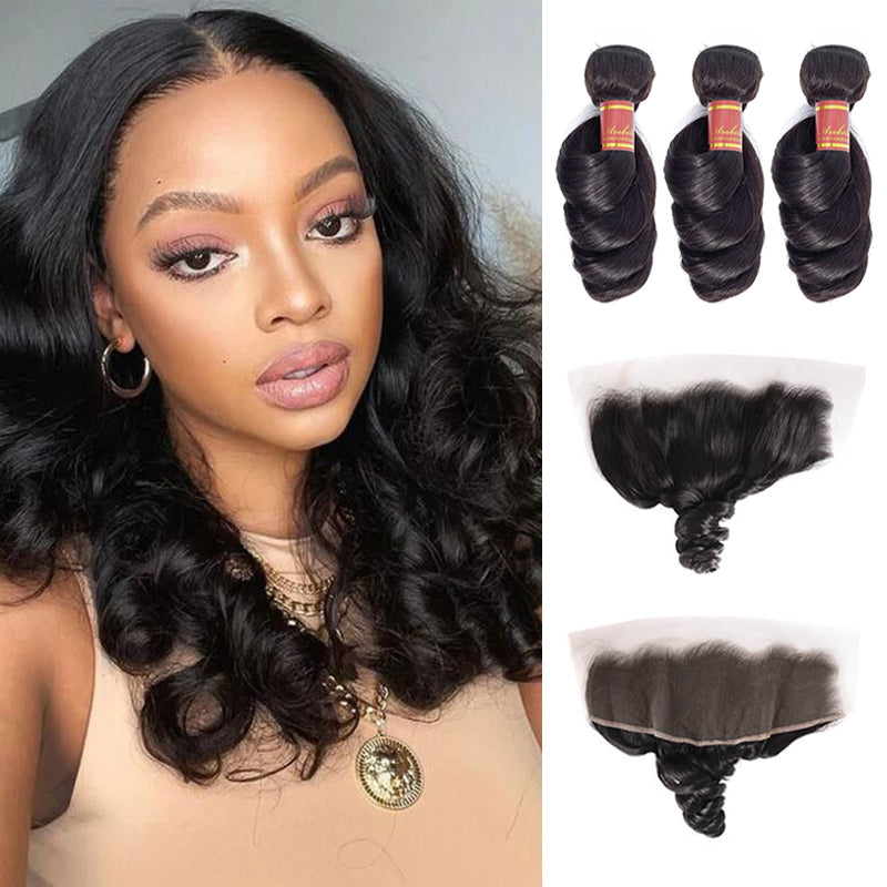 Human hair wig {12A 3Pcs+Frontal} Loose Wave 3 Bundles Hair With Lace Frontal Closure Human Virgin Hair Extensions - arabellahair.com