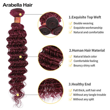 {12A 3Pcs+Closure} Deep Wave 99J Burgundy Red Color Curly 3 Bundles With 4x4 Lace Closure