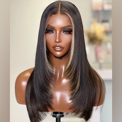 Middle Part Framing Layers Double Drawn Grade Human Hair Natural Black Hair with Blonde Highlights Lace Front Wigs
