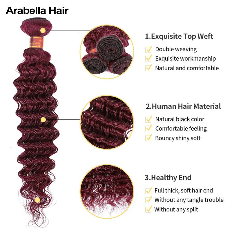 {12A 3Pcs} Burgundy 99J Red Color Deep Wave Curly 3 Bundles/Pack Human Virgin Hair Extensions