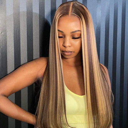 Human hair wig Honey Blonde Piano Highlights Color Hair Straight Colored Wigs 13x4/13x6 Lace Front Wig Straight Hair 180% Density - arabellahair.com