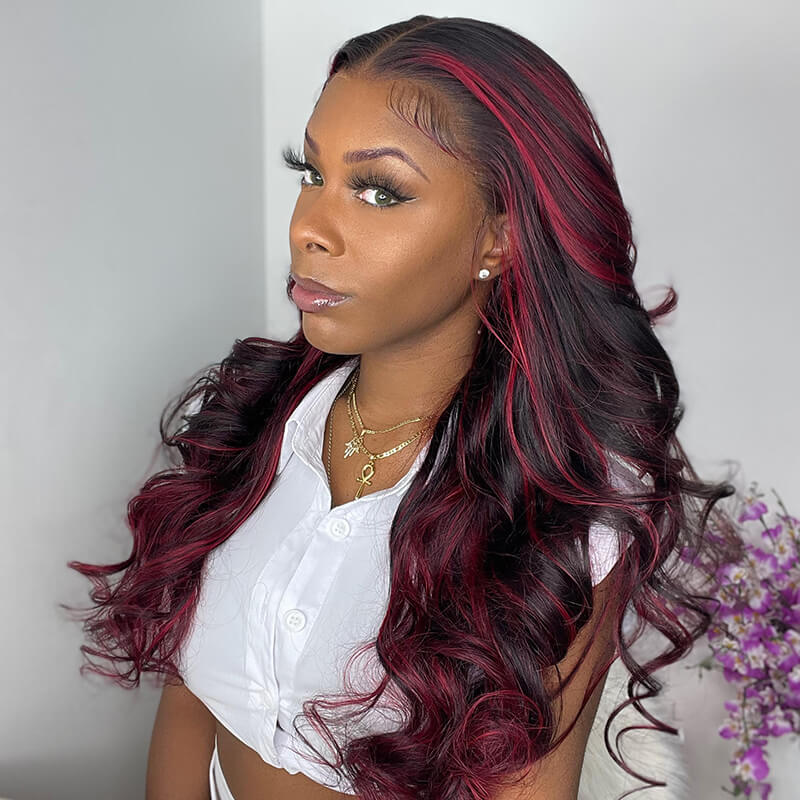 13x4 Lace Front Body Wave Dark Burgundy Rose Red Highlights HD Lace Free Part Wig