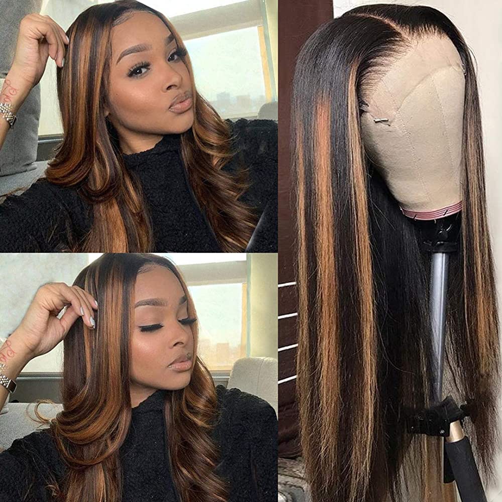 000 Brown Highlights Straight Hair Pre-Plucked 13x4 Lace Front Wig