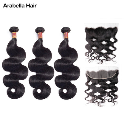 Human hair wig {12A 3Pcs+Frontal} Brazilian Body Wave 3 Bundles Hair Weft With Lace Frontal Closure Human Hair - arabellahair.com